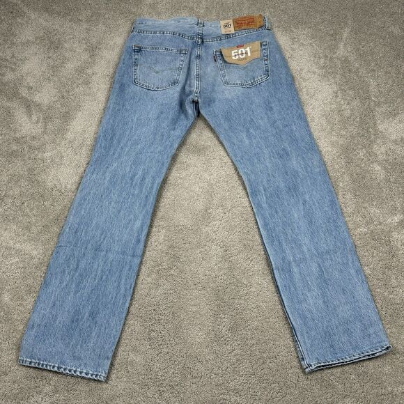 Levi's 501 Jeans Mens 33x32 Blue Denim Straight Leg Button Fly Stretch Distress - Picture 5 of 7